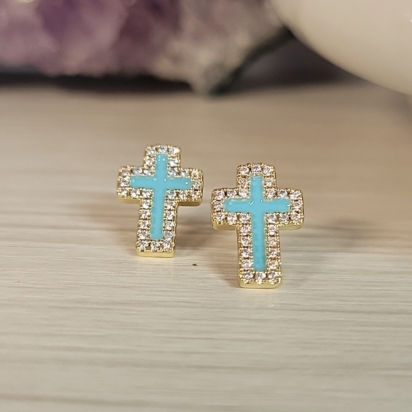 Shimmer Cross Stud Earrings, S925 - Picture 3 of 8